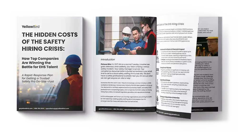 Open booklet on safety in hiring, with cover and interior pages showing workers and text.