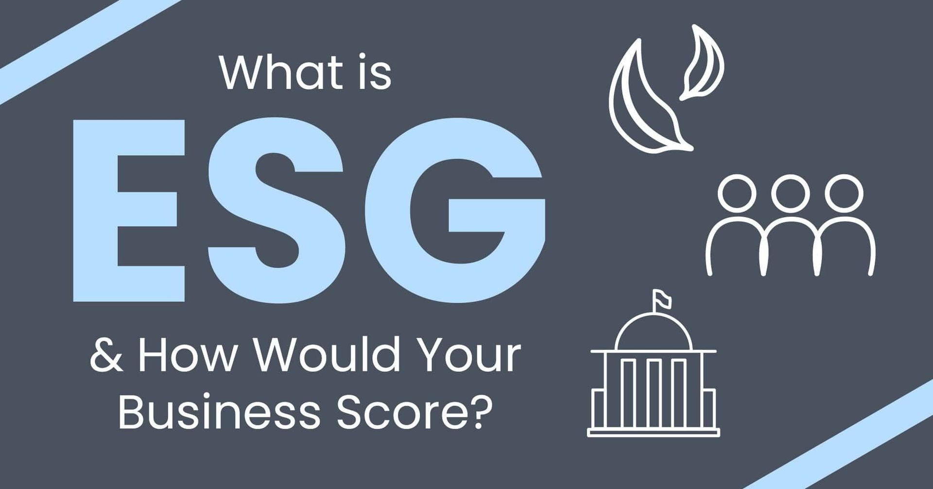 Graphic reading “What is ESG & How Would Your Business Score?” with icons for environment, people, and building.