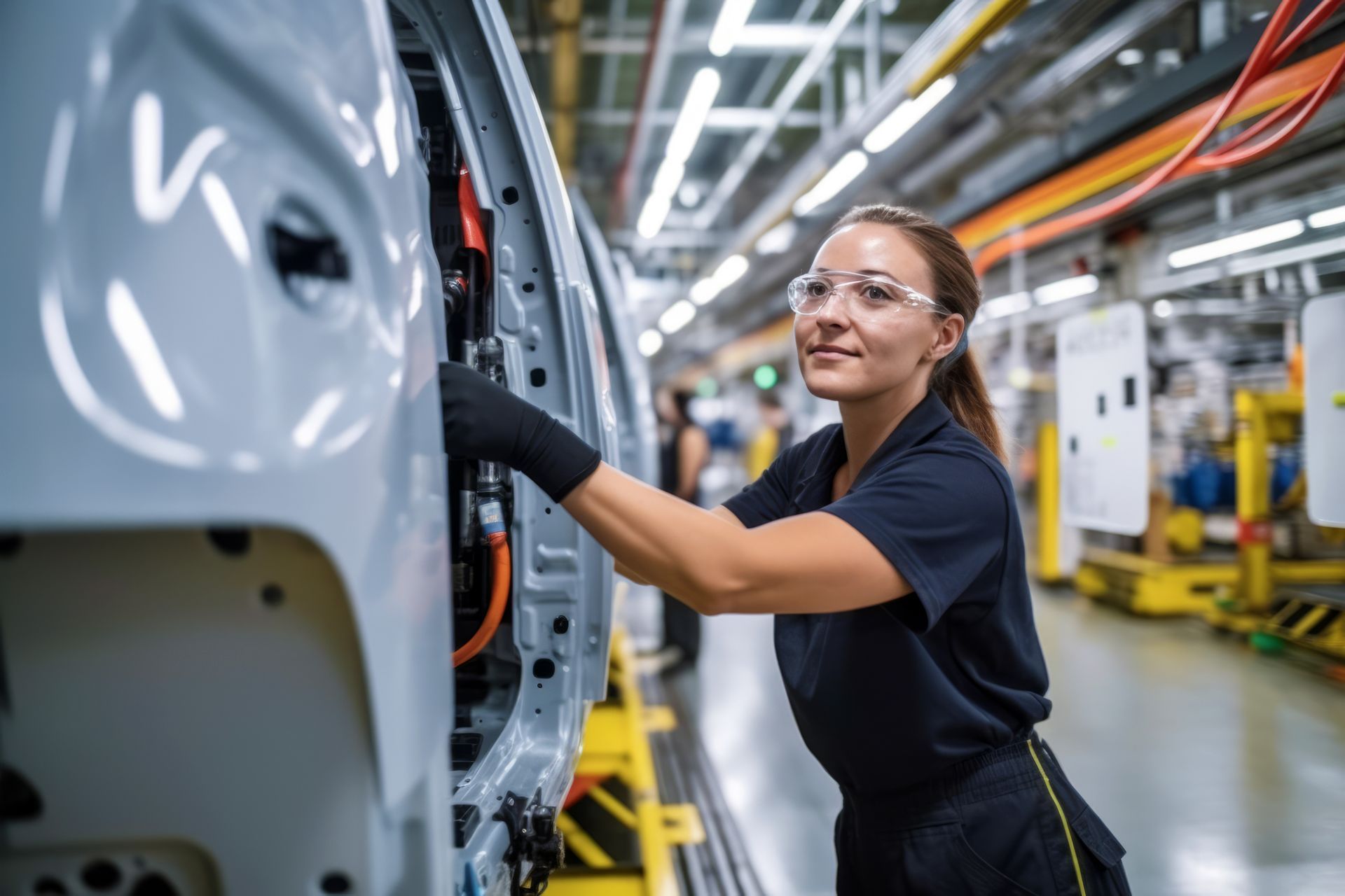 Worker inspecting a car assembly line inside a brightly lit factory