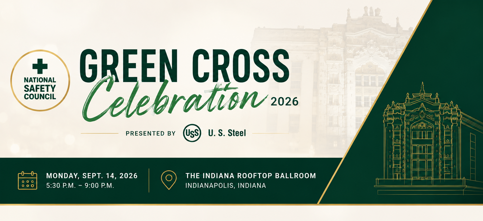 Green Cross Celebration 2026 event banner in green and gold with architectural line art and sponsor details