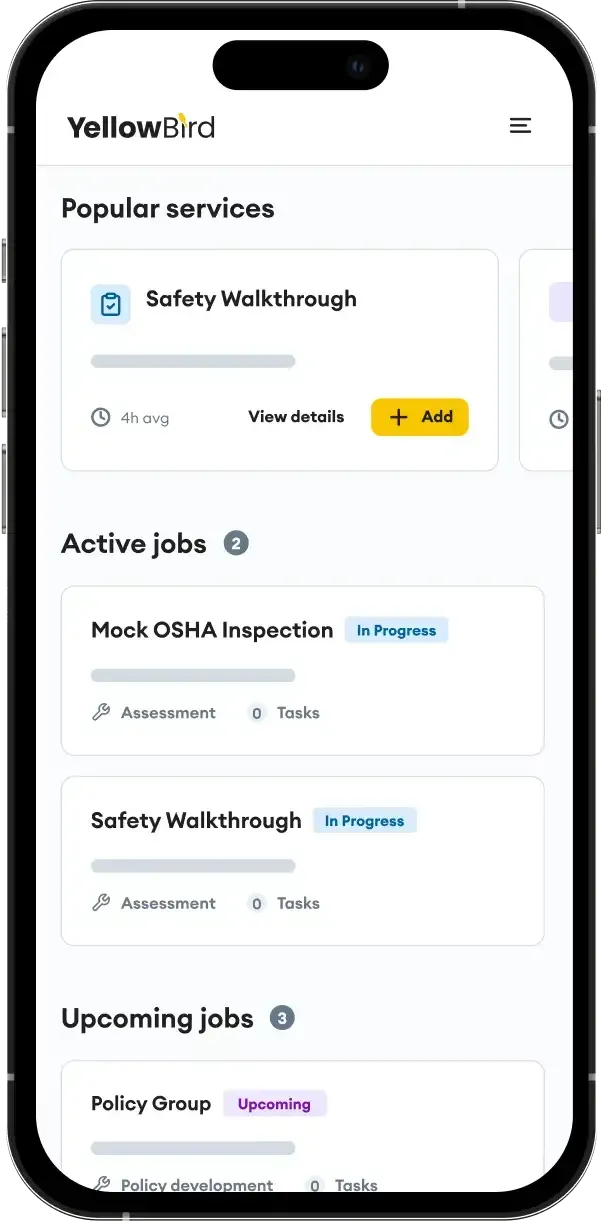 YellowBird mobile app home screen showing popular services, active jobs, and upcoming jobs.