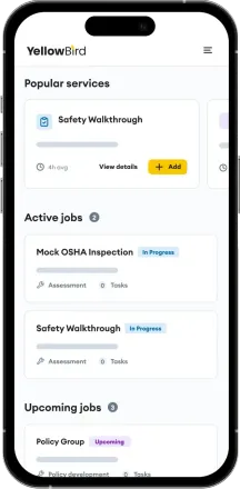 YellowBird mobile app home screen showing popular services, active jobs, and upcoming jobs.