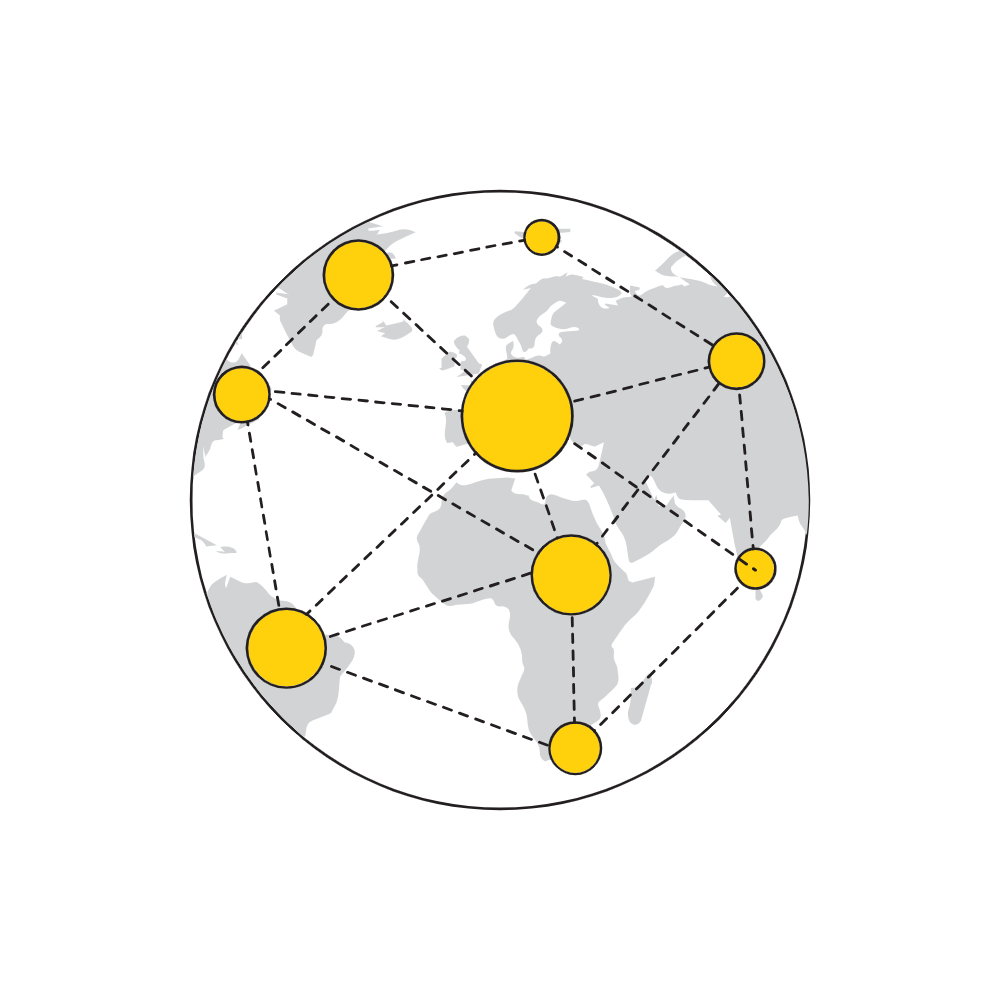 Yellow network nodes connected over a gray world map inside a globe