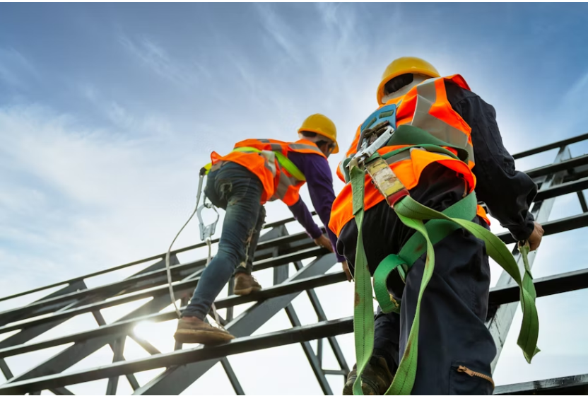 Workers in hard hats and safety vests climbing a metal structure against the sky