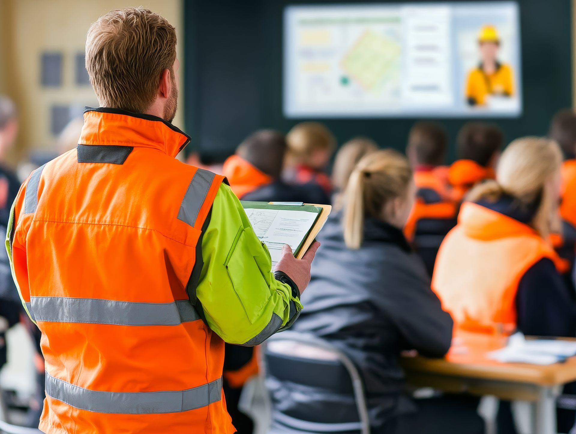 Worker in orange safety vest taking notes during a training session in a classroom