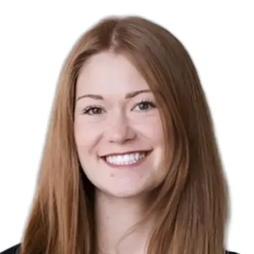 Smiling woman with straight light brown hair on a white background