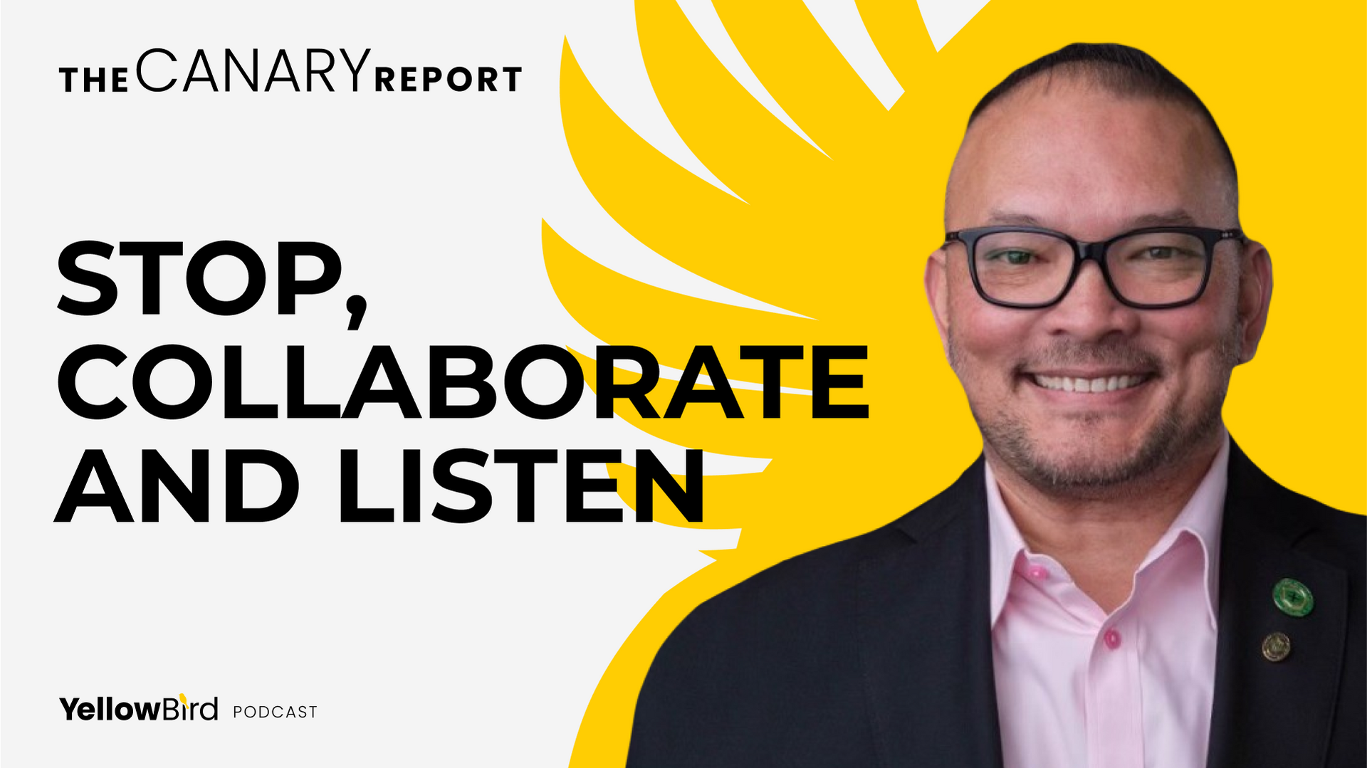 Poster with smiling man and text “STOP, COLLABORATE AND LISTEN” on yellow sunburst background