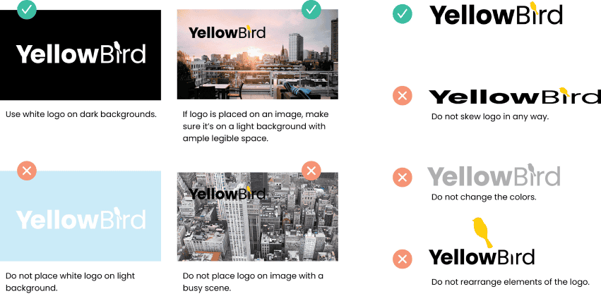 YellowBird logo examples showing correct and incorrect color contrast on light and dark backgrounds