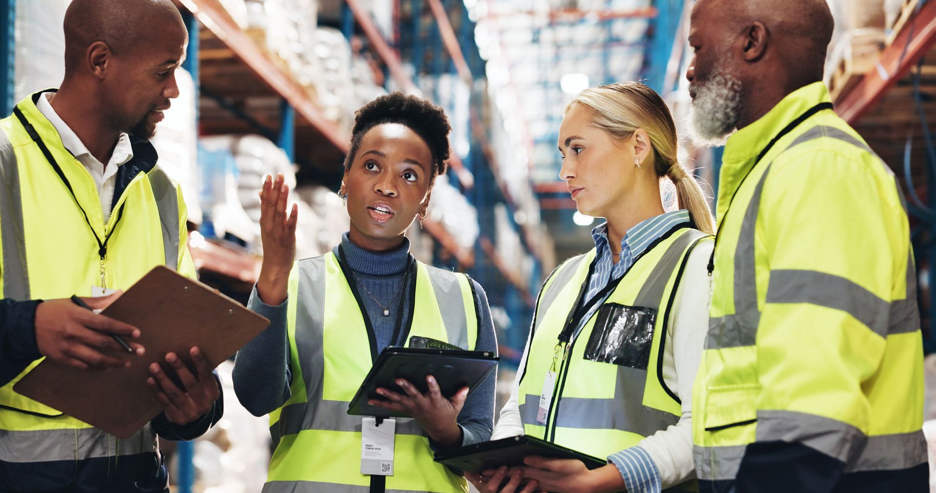 Warehouse team in yellow safety vests discussing a tablet among stacked goods