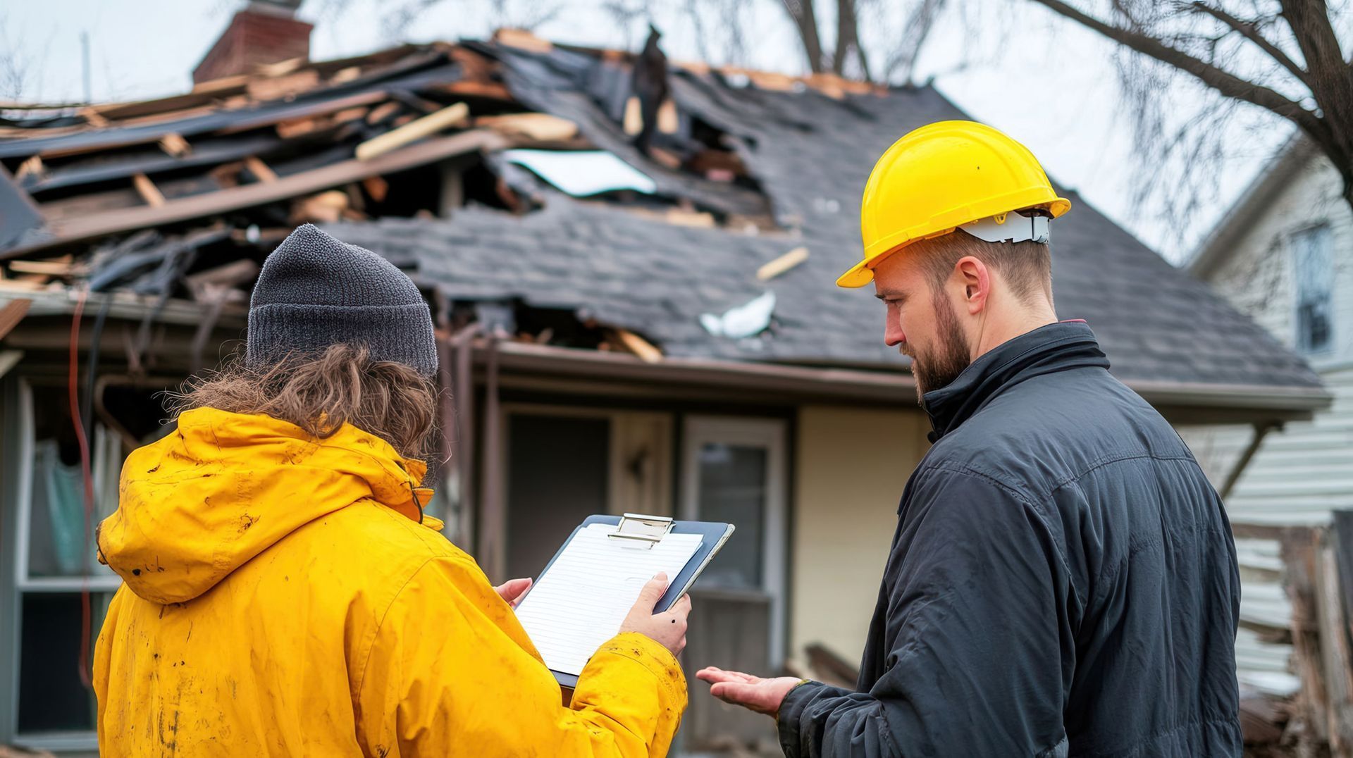 Two inspectors in hard hats assess storm damage on a house roof with a clipboard.