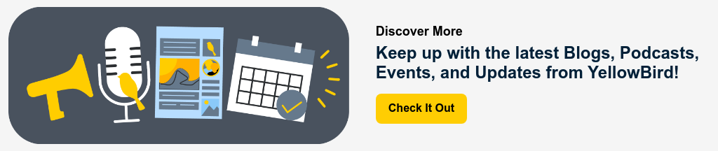 Promotional banner for YellowBird news, podcasts, events, and updates with icons on a dark blue background
