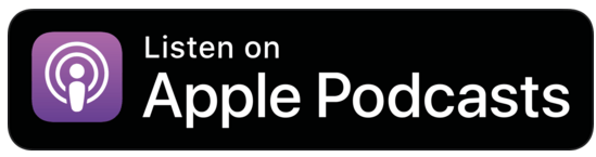 Apple Podcasts button with purple podcast icon and “Listen on Apple Podcasts” text on black background