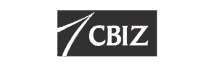 CBIZ logo with white text and stylized white arc on a dark gray background