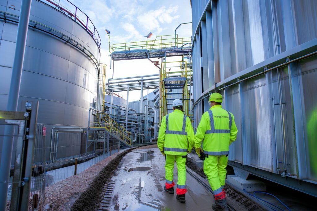 Two workers in neon safety gear walk a wet industrial path between large metal tanks and pipes.
