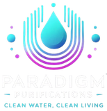 Paradigm Purifications logo with blue-purple water droplet and “Clean water, clean living” text