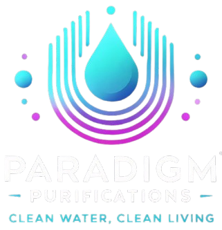 Paradigm Purifications logo with blue-purple water droplet and “Clean water, clean living” text
