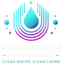 Paradigm Purifications logo with blue-purple water droplet and “Clean water, clean living” text