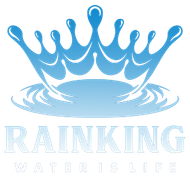 Blue water crown logo with the text “RAINKING” and tagline “WATER IS LIFE”