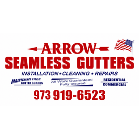 Arrow Seamless Gutters sign with American flag, installation, cleaning, repairs, and phone number 973-919-6523