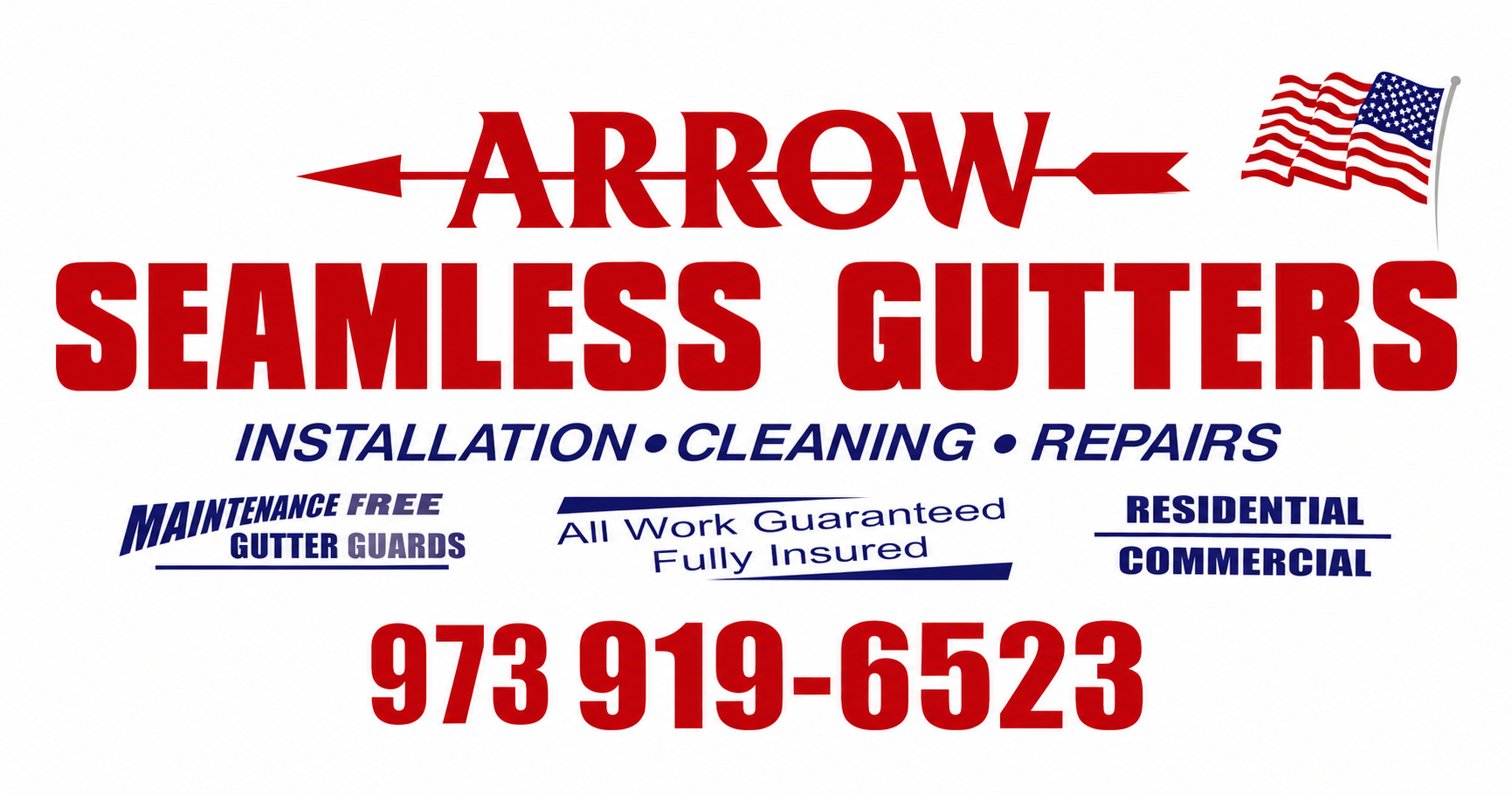 Arrow Seamless Gutters ad with logo, services, and phone number 973-919-6523 on a white background