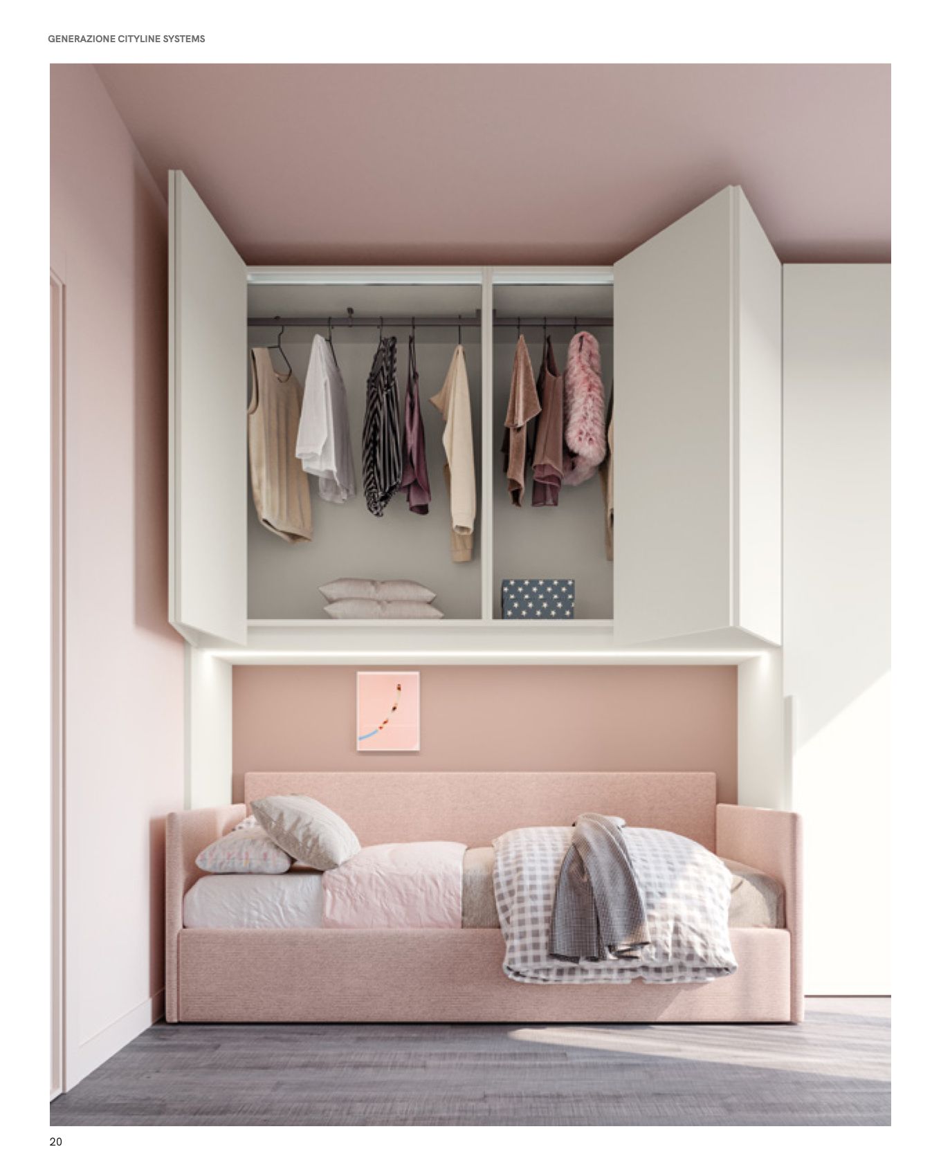 Camera da letto rosa e bianca con letto, armadio a muro e vestiti appesi all'interno.