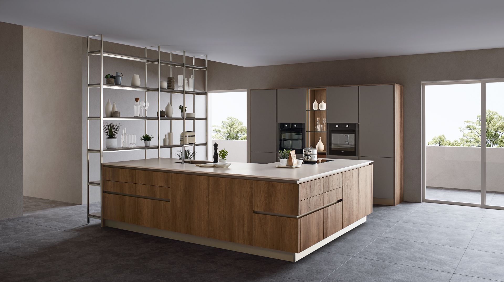 Cucina moderna con isola in legno, ripiani a vista e mobili neutri, con porte finestre.