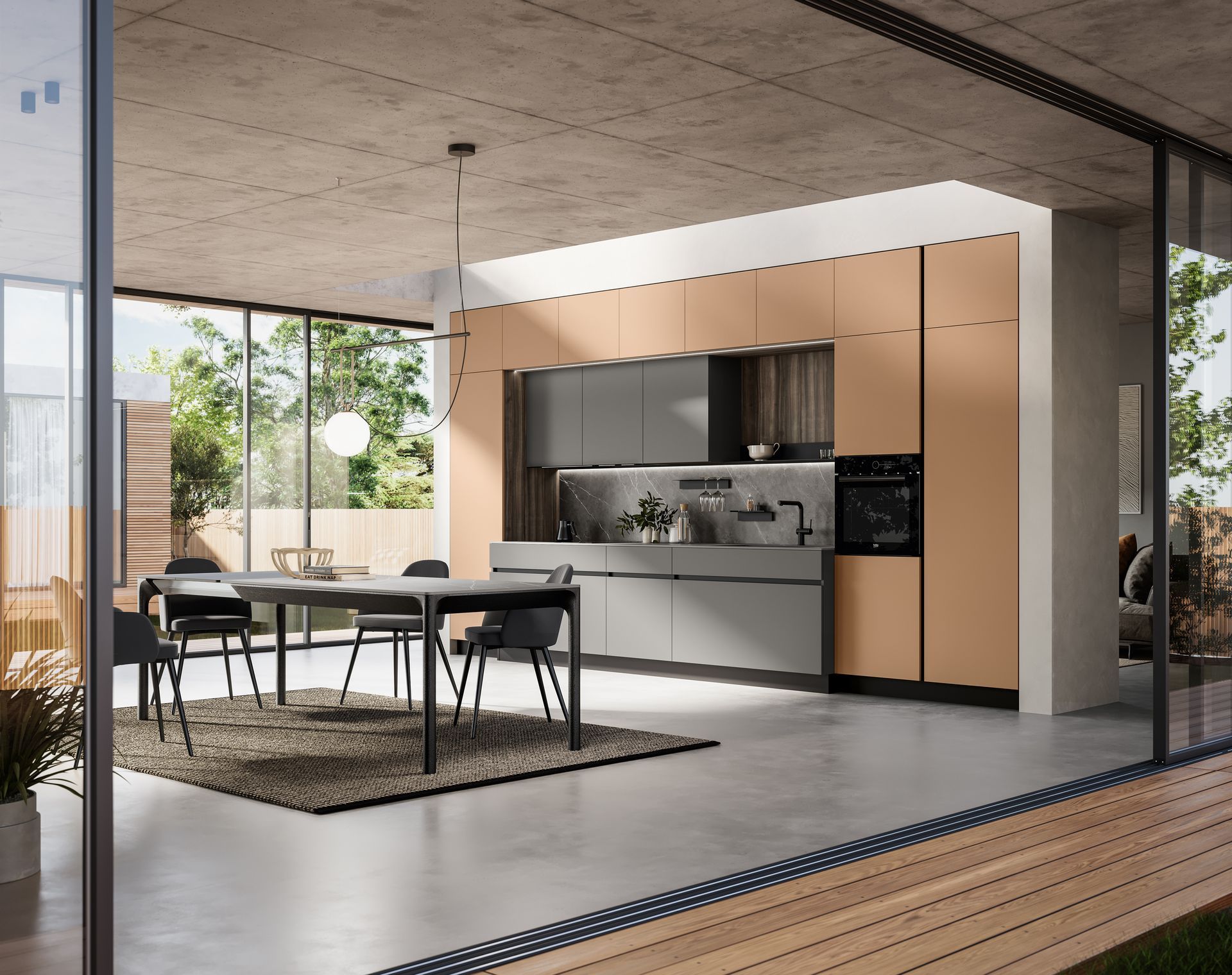 Cucina e sala da pranzo moderne con ampie finestre, toni neutri e vista sull'esterno.