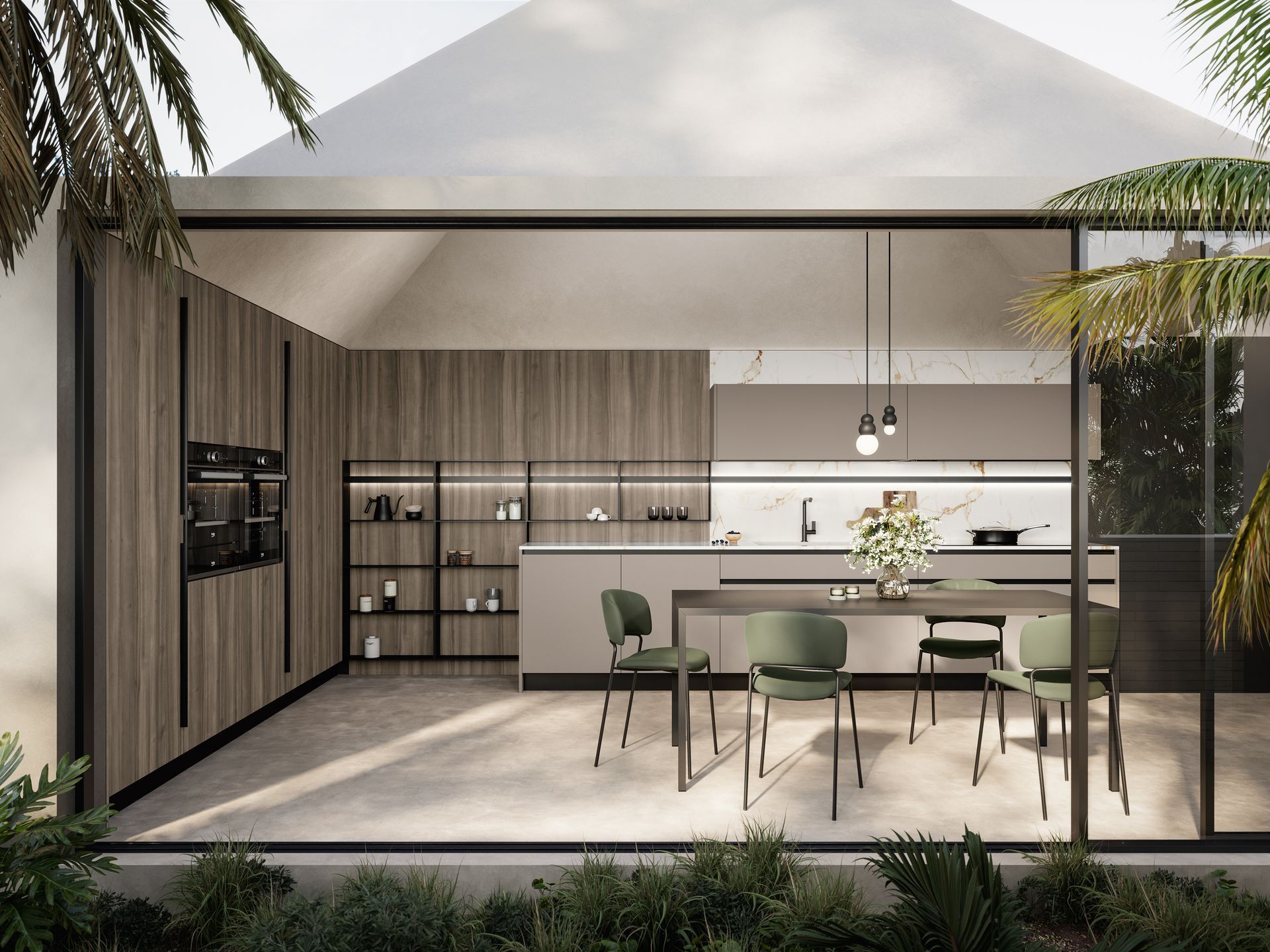 Cucina moderna con mobili in legno e tavolo da pranzo, ampie finestre in vetro, sedie verdi, spazio esterno.