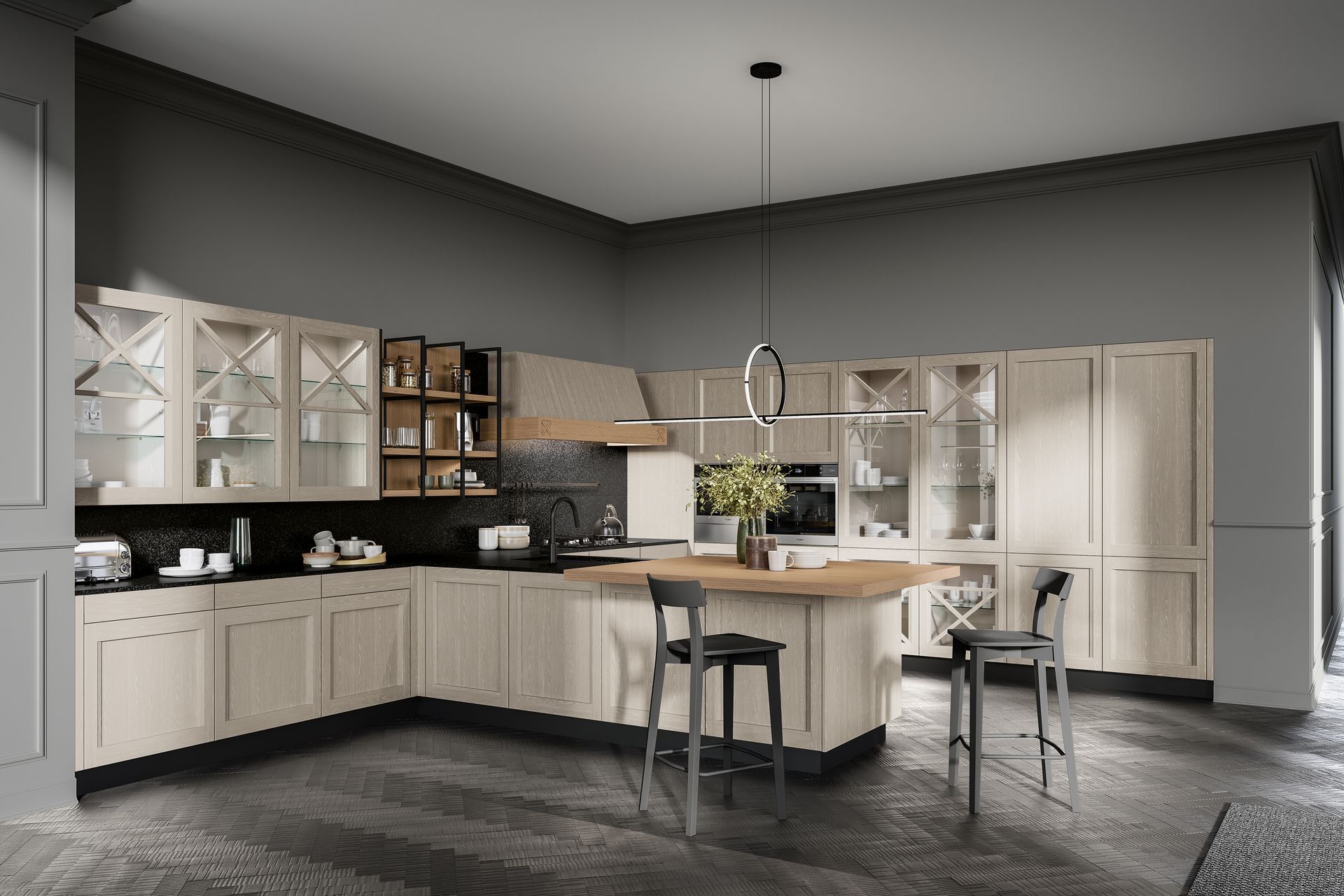Una cucina con mobili chiari, ripiani neri e un'isola in legno con due sgabelli neri.