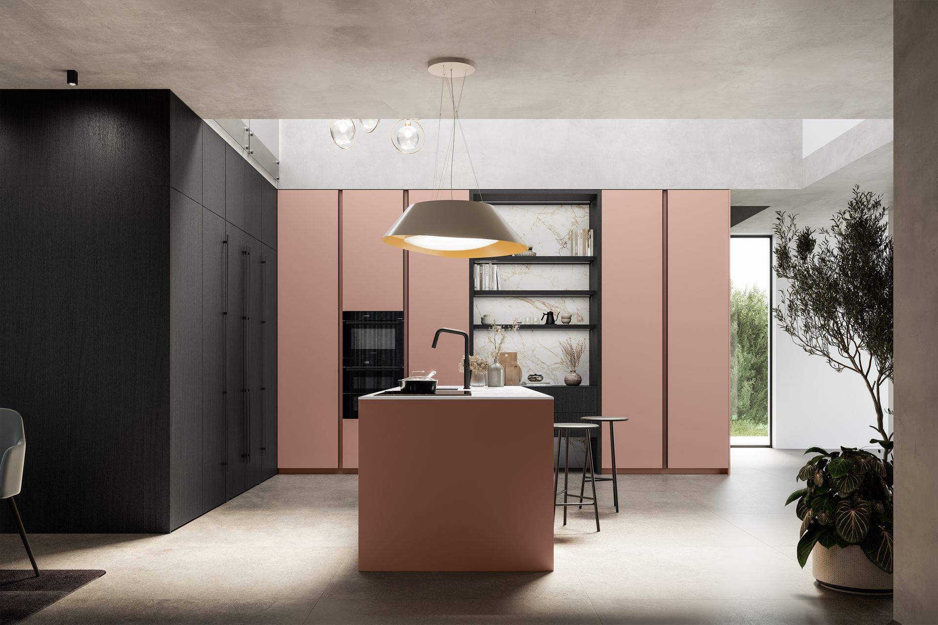 Cucina moderna con isola e mobili rosa, dettagli neri e lampada a sospensione.