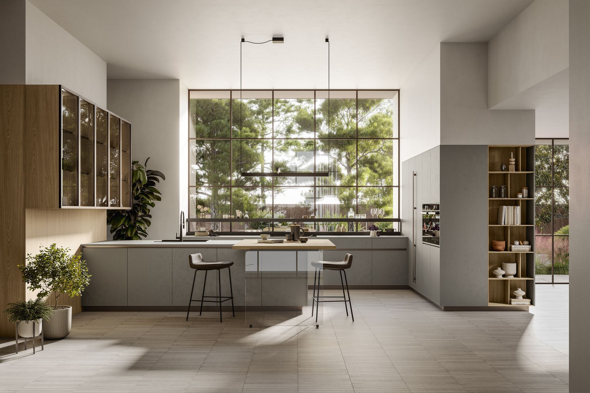 Cucina moderna con ampia finestra, mobili in legno, isola e sgabelli, con verde visibile all'esterno.