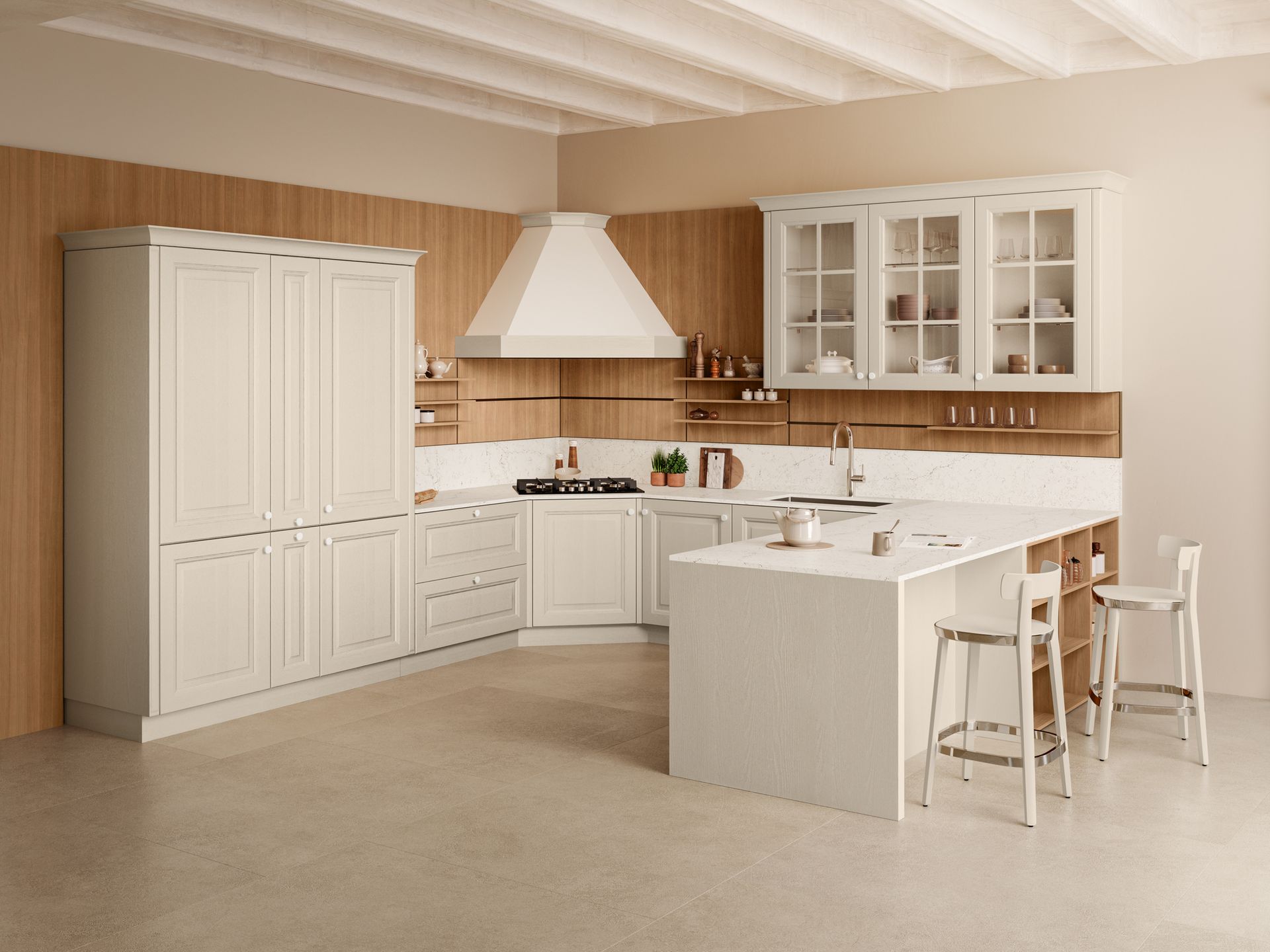 Cucina color crema con dettagli in legno. 