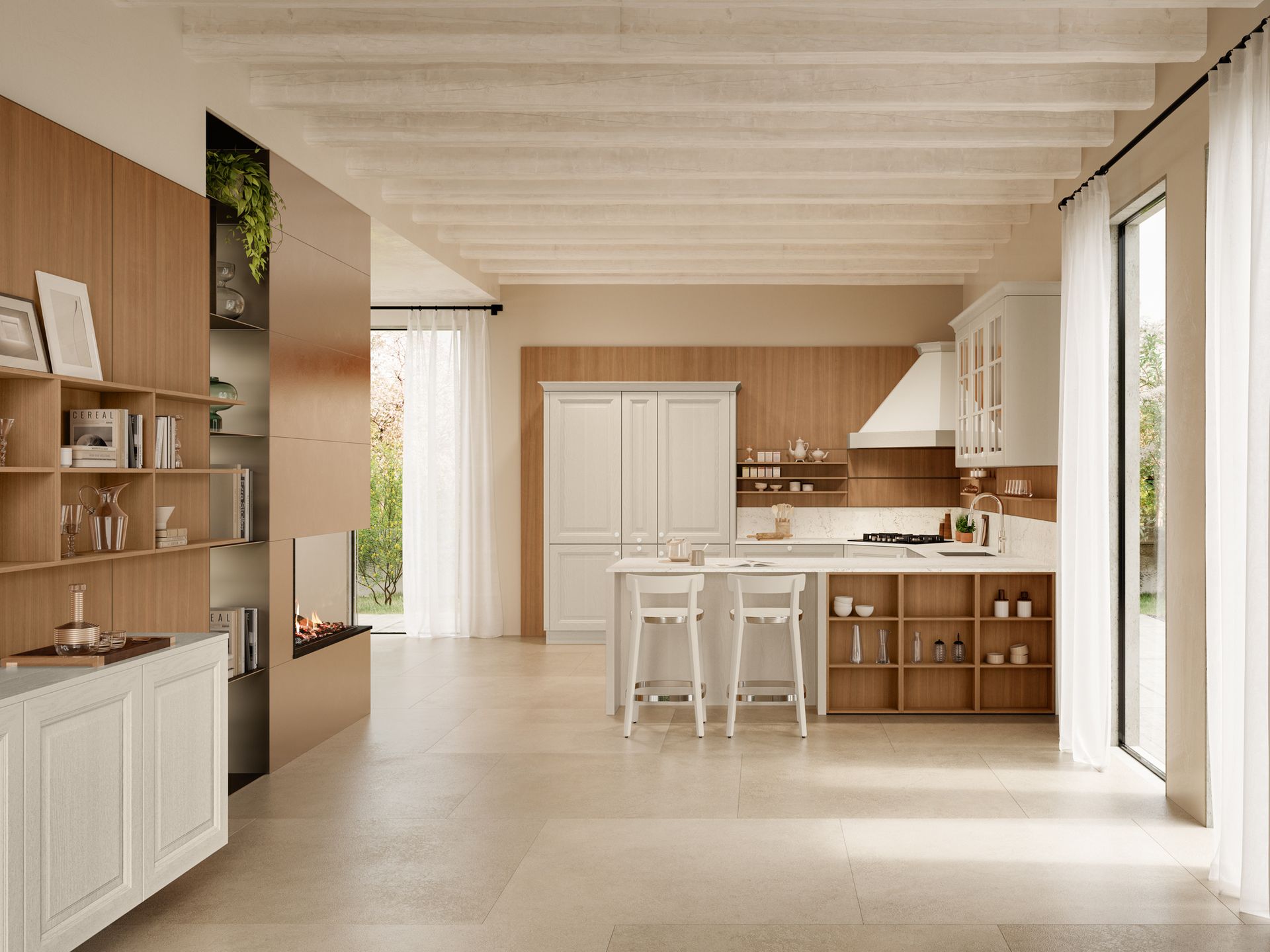 Cucina moderna con mobili in legno chiaro, isola bianca e ampie finestre.