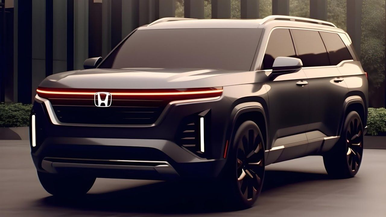 Dark gray Honda electric SUV concept car with red light bar, vertical LED lights, and black wheels.