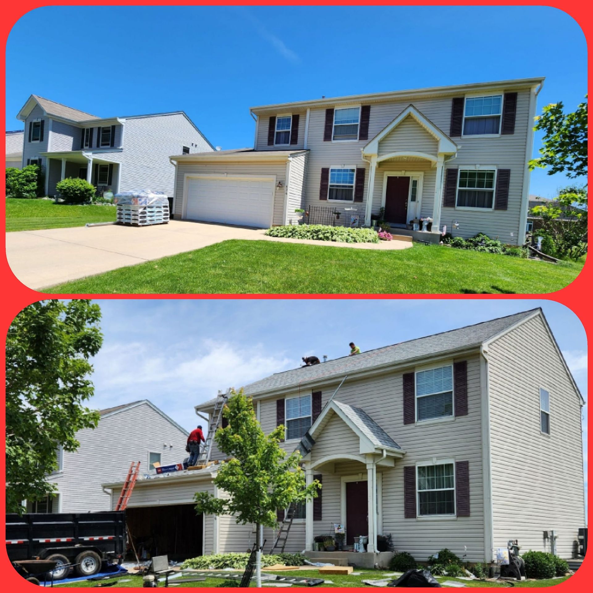 A before and after picture of a house being remodeled.