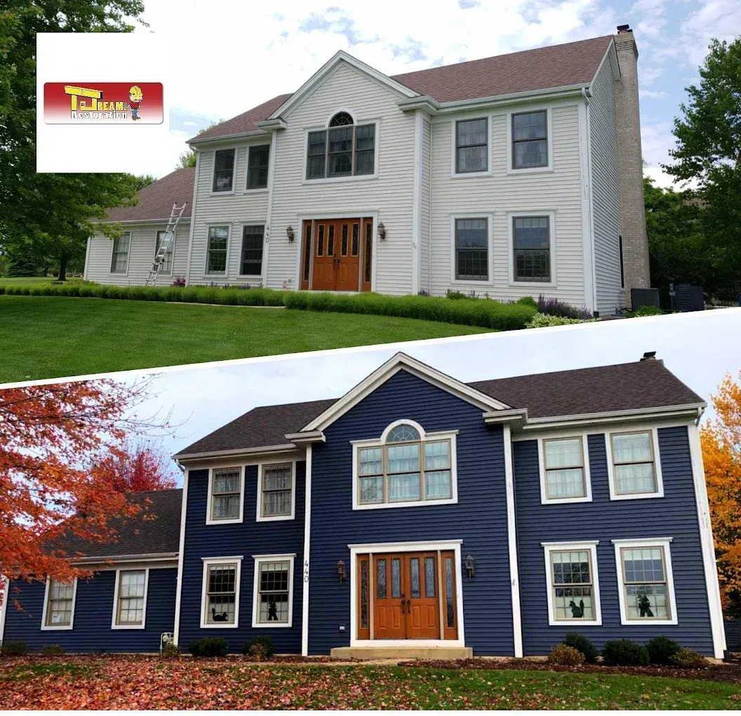 A before and after photo of a white house and a blue house