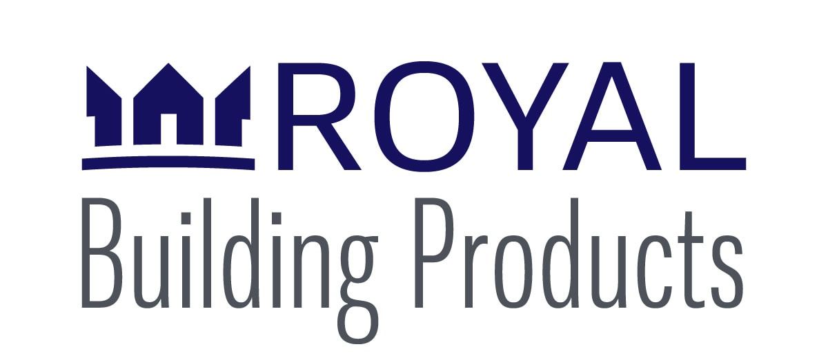 The logo for royal building products is blue and white.