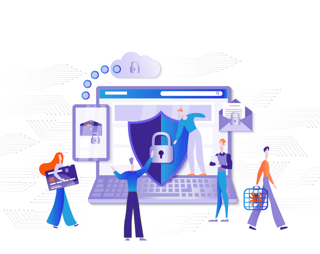 People around a laptop with a shield lock, showing online security and data protection