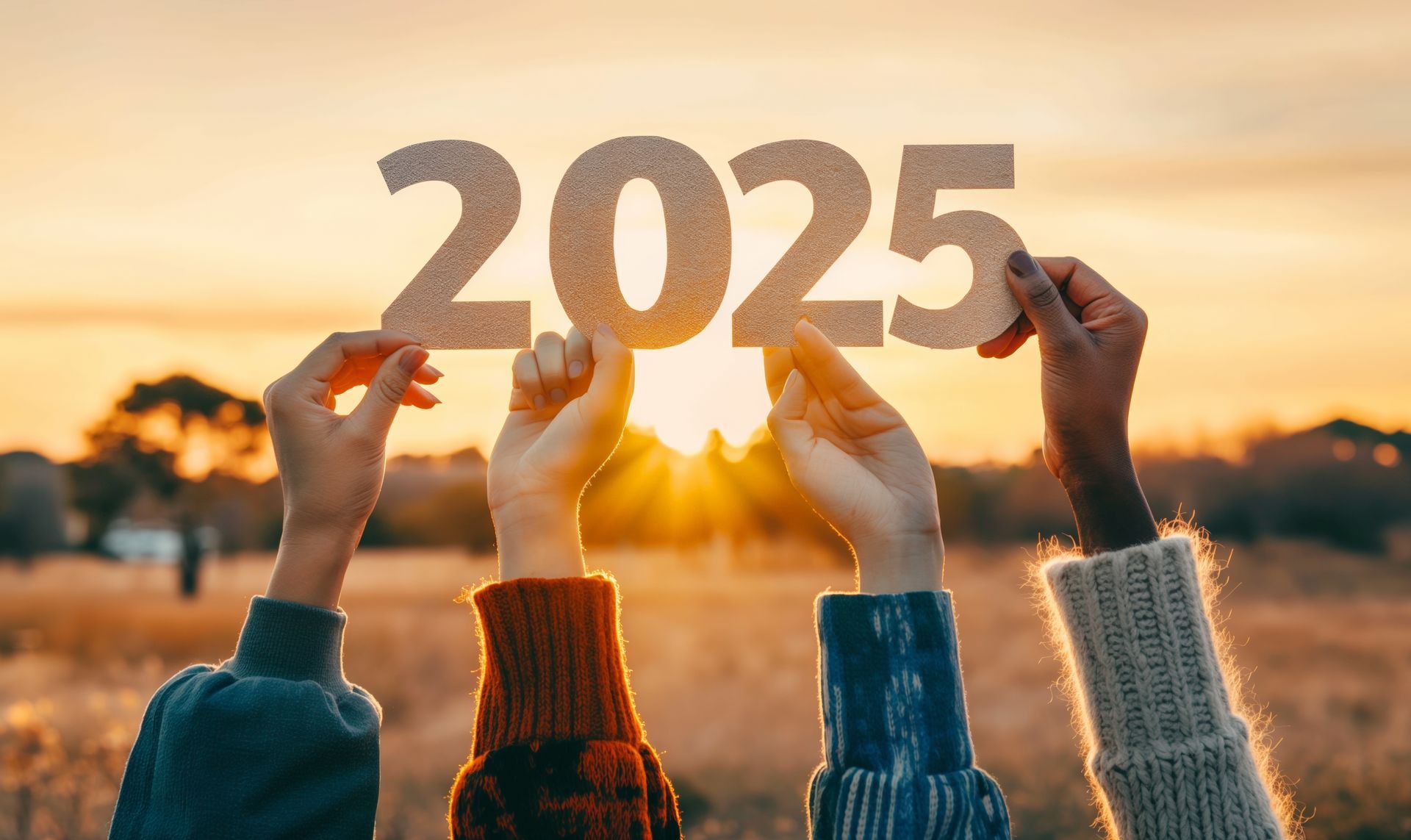 Hands holding up gold “2025” letters at sunrise in a field