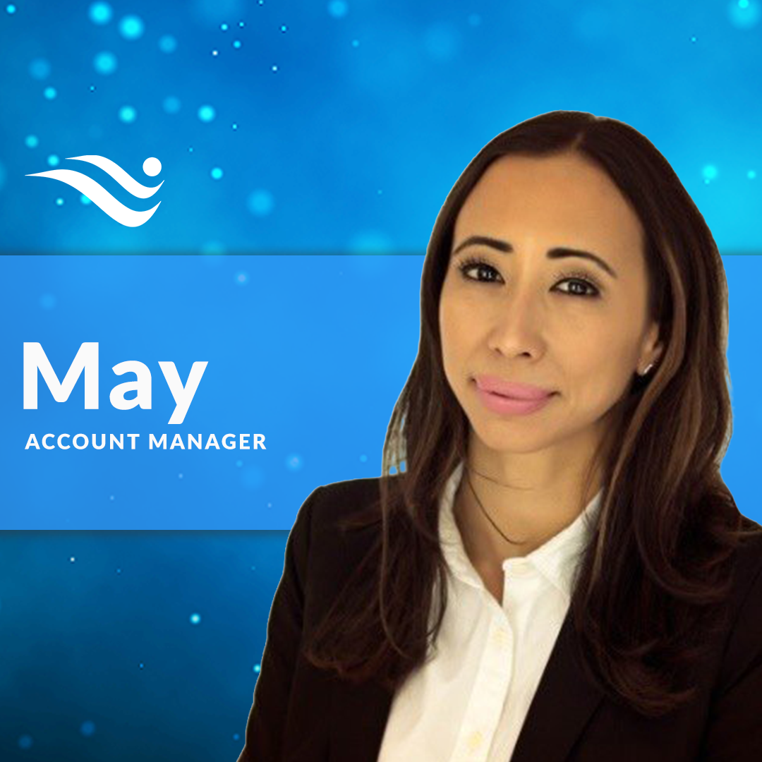 Blue profile graphic of May, labeled “Account Manager,” with a woman in a white blouse.