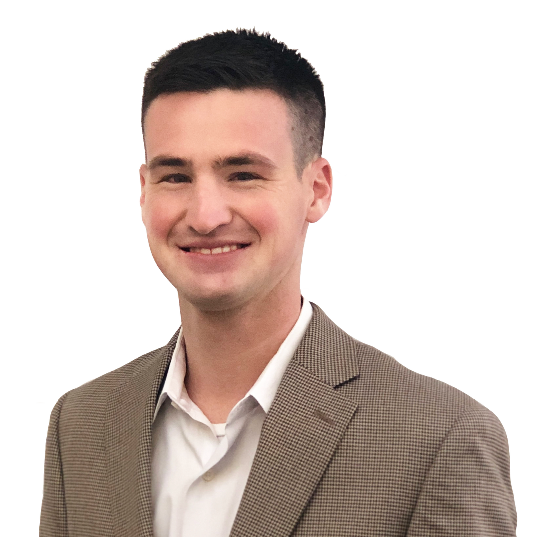 Smiling person in a brown checkered blazer and white shirt on a white background