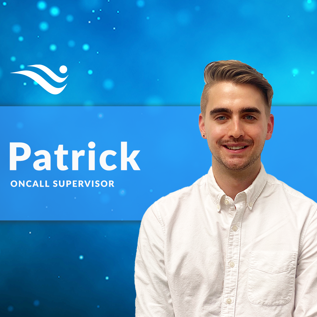 Portrait of Patrick, on-call supervisor, on a blue branded background with logo and sparkles