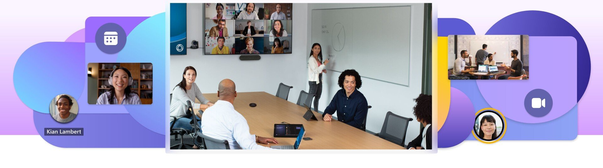 Video meeting on a screen, with a conference room and purple cloud-themed side panels.
