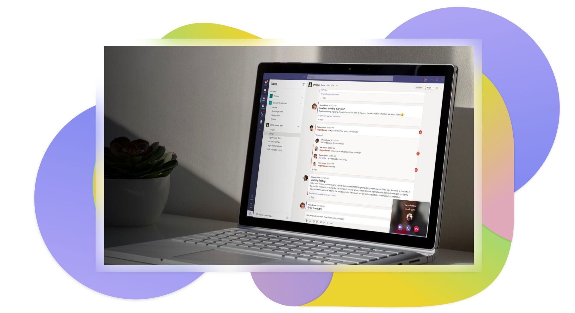 Laptop on a desk displaying a messaging app, with a small plant beside it and colorful abstract circles behind.