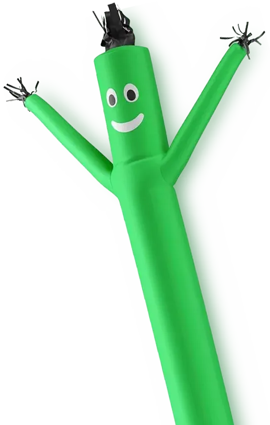 Green inflatable tube man with a smiling face and raised arms on a white background