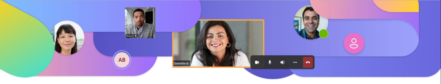 Video call interface with three participant thumbnails on a purple and yellow gradient background