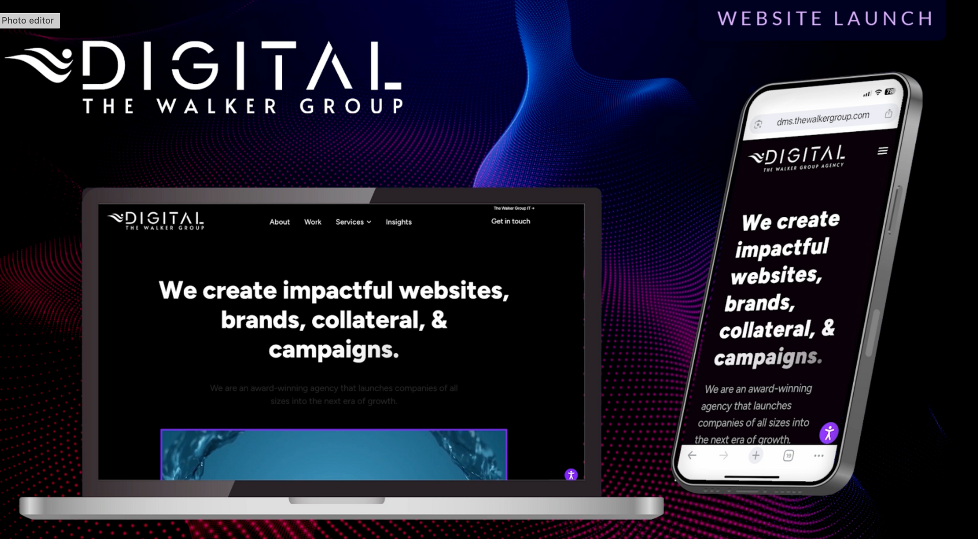 Dark digital marketing website mockup with laptop and smartphone on a purple-blue background