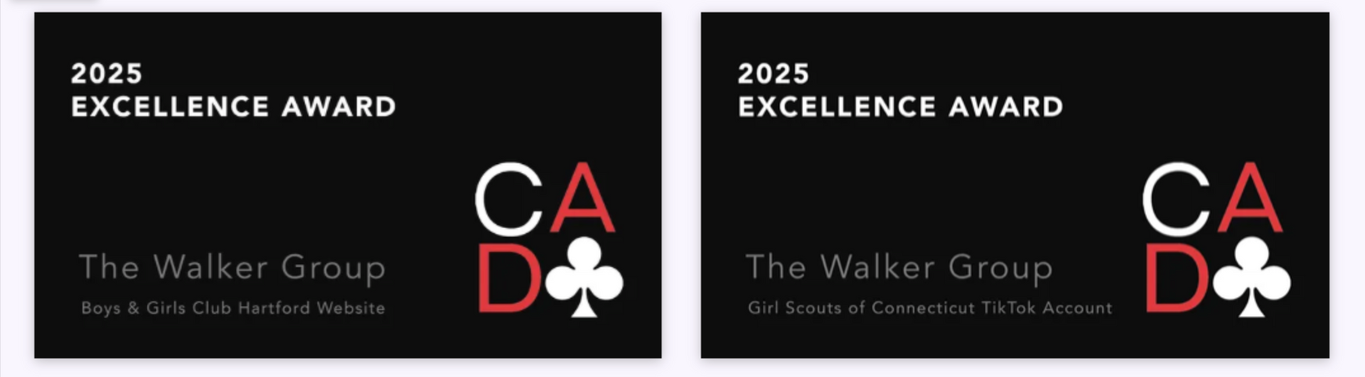 Two black 2024 Excellence Award cards with The Walker Group logo and red-white CA D logo.