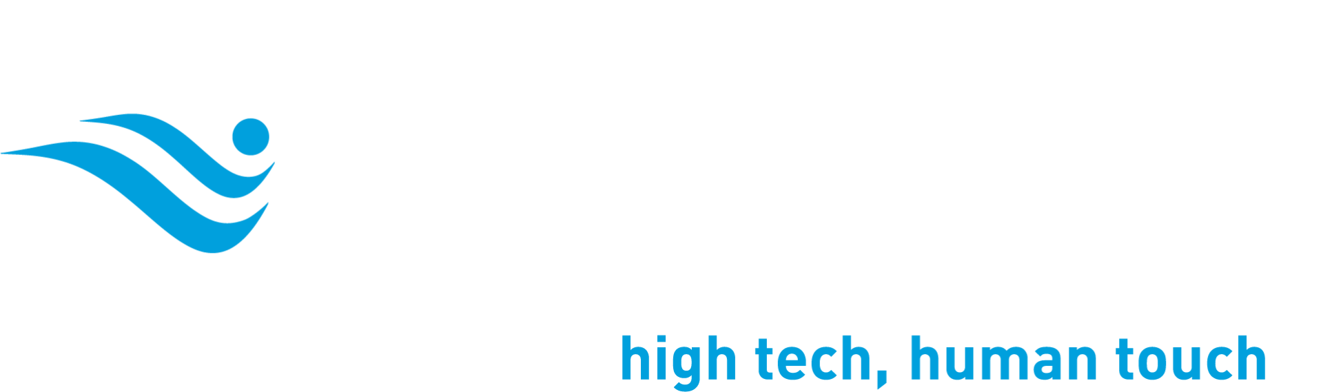 Blue abstract wave logo with the tagline “high tech, human touch” underneath