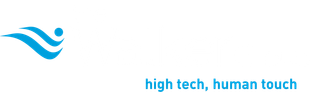 Blue abstract wave logo with the tagline “high tech, human touch” underneath